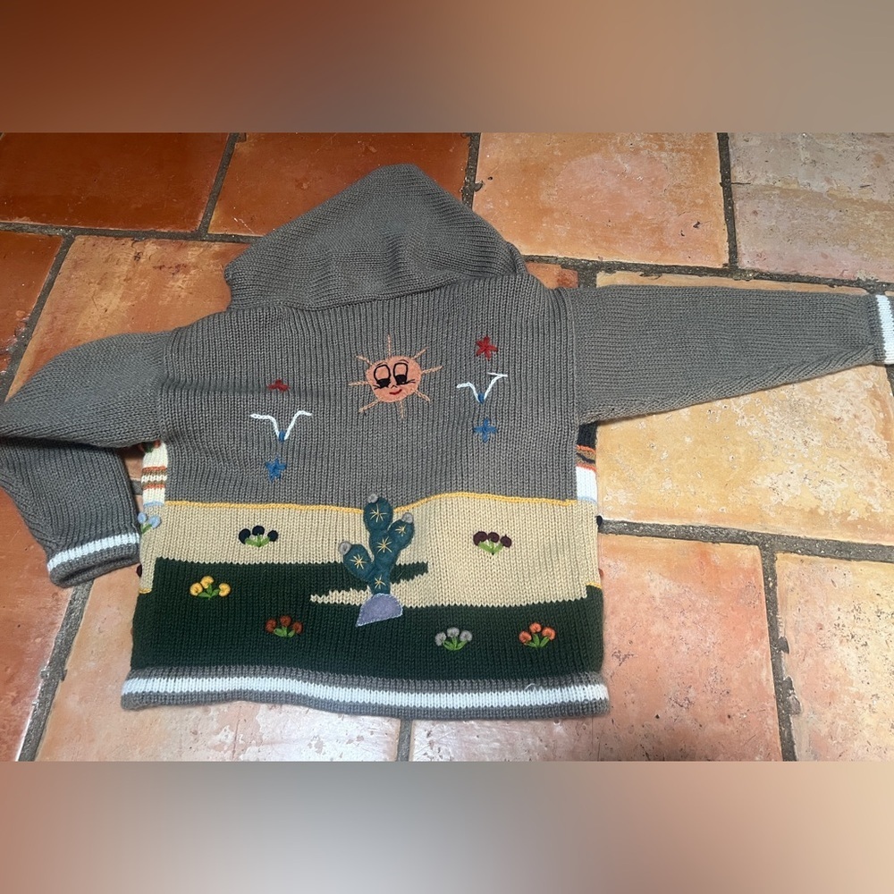 Kids Handmade Peruvian Sweater Full Zip Hood Embroidery Felt Appliqué Animals - Picture 5 of 5